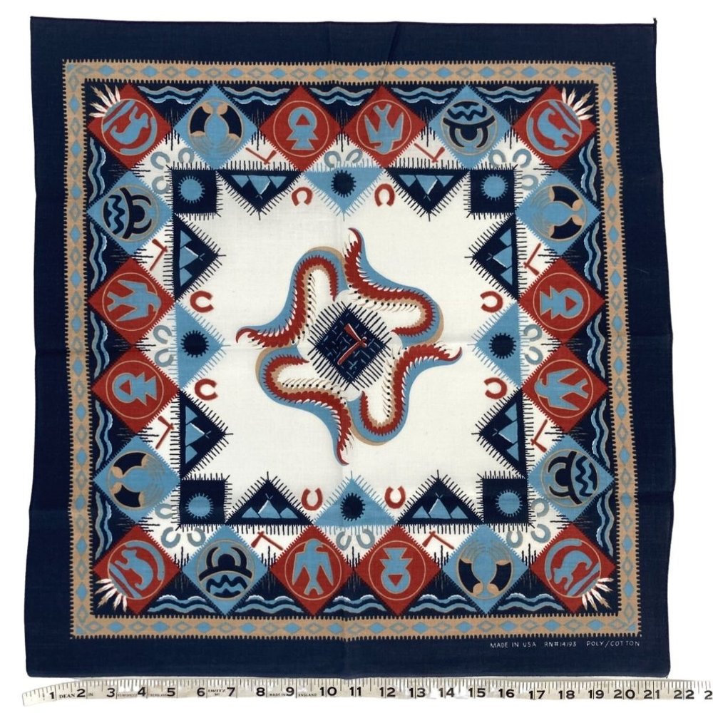 1980s Bandanna Blue Black and Red Animal Symbol 21.5" Square